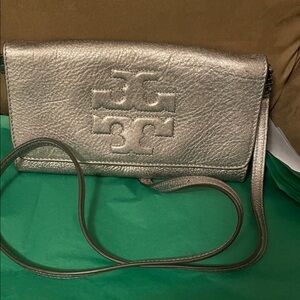 Metallic silver Tory Burch leather Crossbody Bag